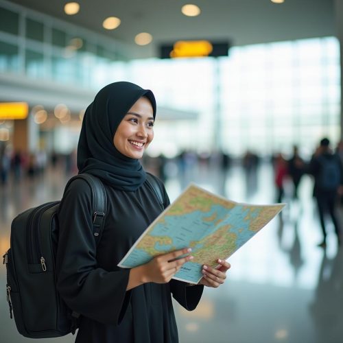 Happy muslim woman in airport looking for MFAR recognition Travel Agencies